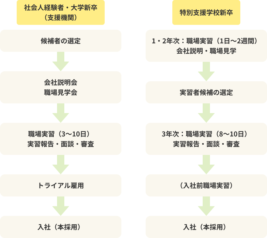 社会人経験者・大学新卒（支援機関）：候補者の選定→会社説明会、職場見学会→職場実習（3～10日）、実習報告・面談・審査→トライアル雇用→入社（本採用） 特別支援学校新卒：1・2年次：職場実習（1日～2週間）、会社説明・職場見学→実習者候補の選定→3年次：職場実習（8～10日）、実習報告・面談・審査→（入社前職場実習）→入社（本採用）